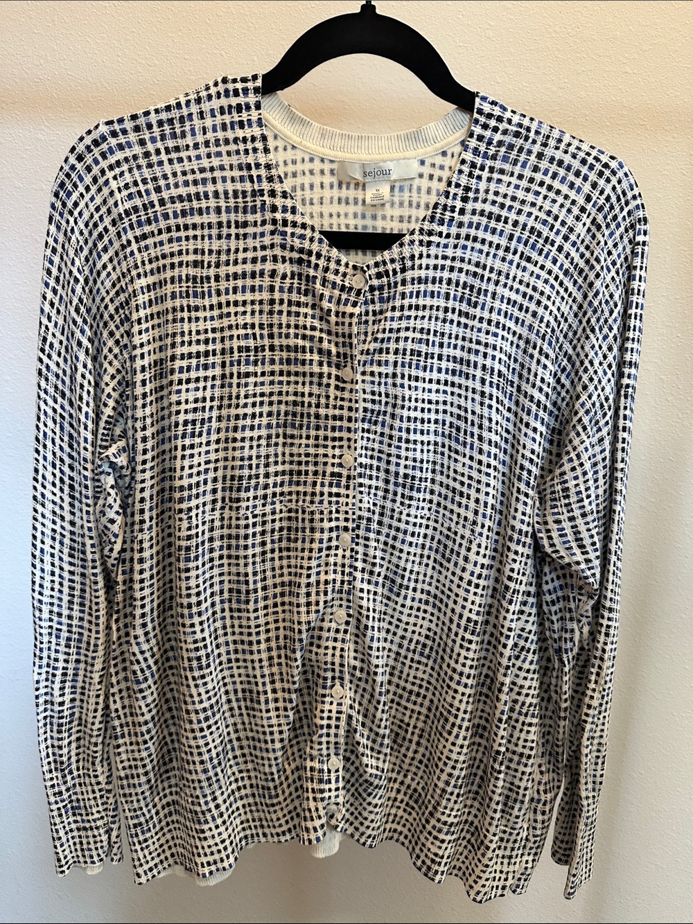 Sejour Navy and White Grid Button Cardigan